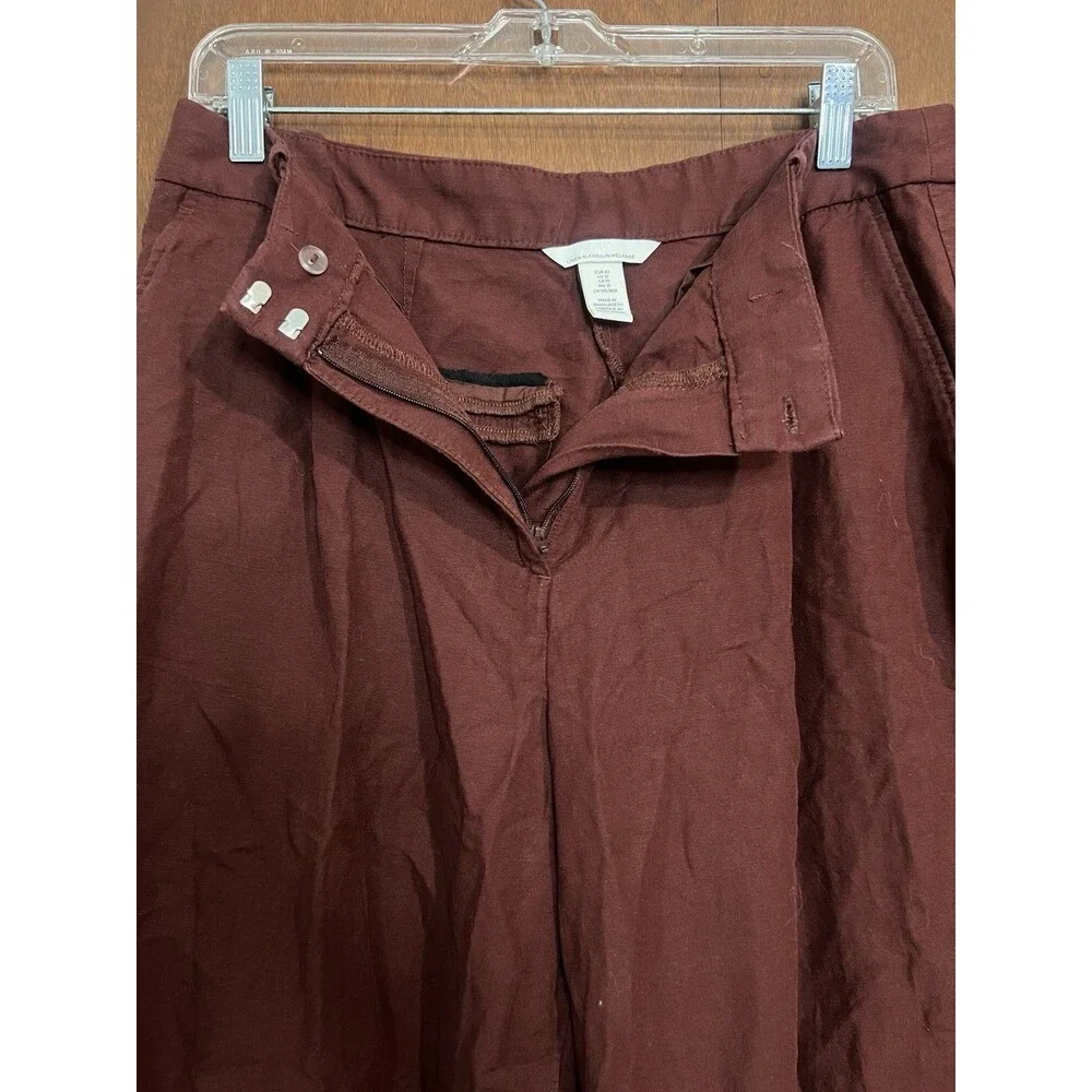H&M Womens Linen Blend Wide Leg Burgundy Pants Pockets Size 10 Minimalist Chic